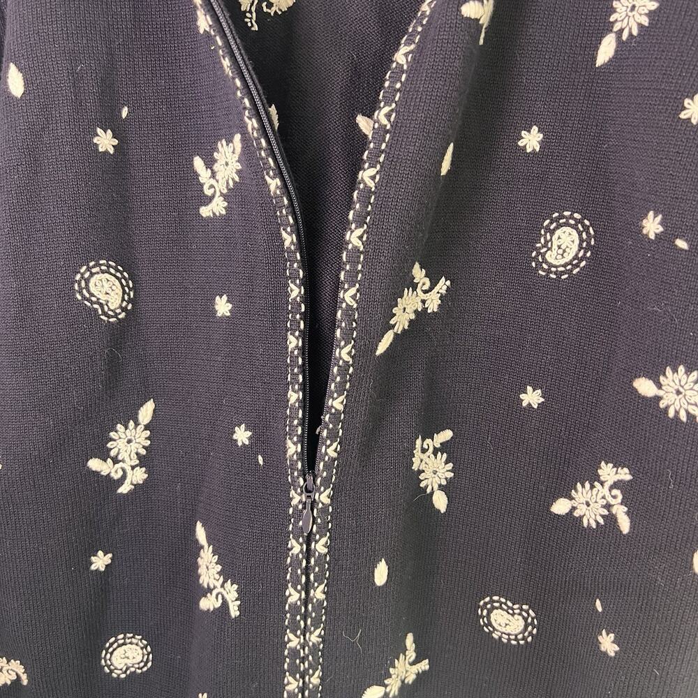 Vintage Talbots Women Cotton Knit Embroidered Full Zip Sweater Floral Sz L Black - Picture 5 of 9